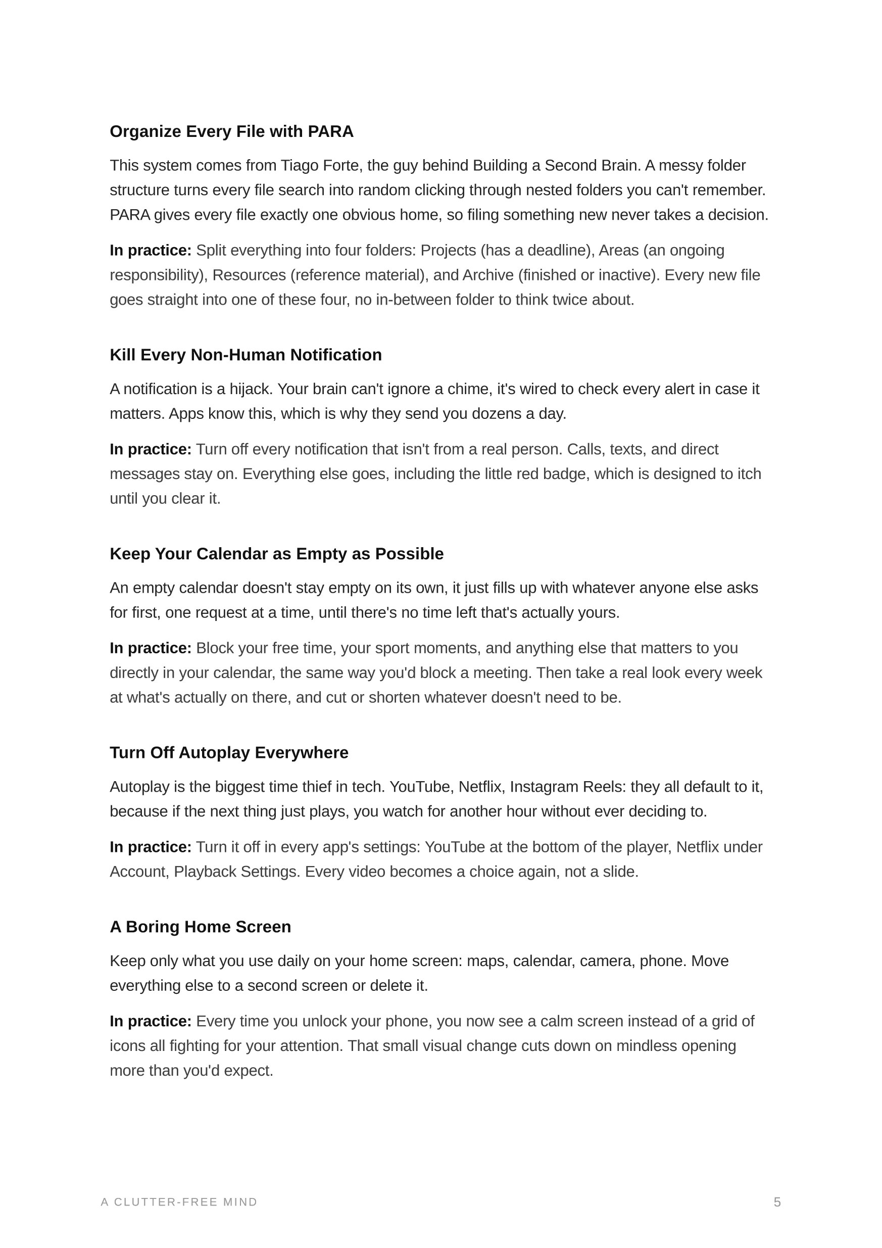 A page from A Clutter-Free Mind: Notifications, calendar, autoplay