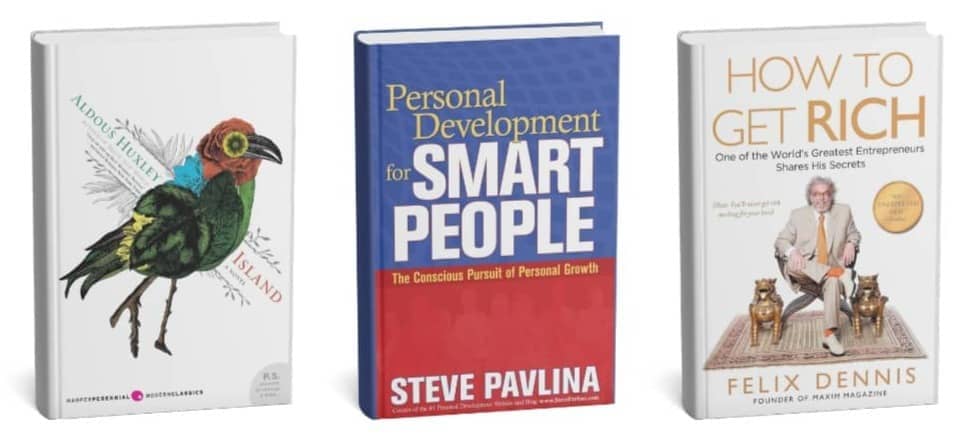 Covers of Island, Personal Development for Smart People, and How to Get Rich