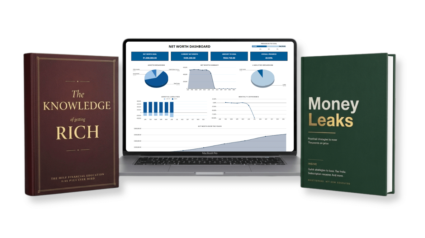 The Your First 100k System bundle: the Knowledge of Getting Rich ebook, the Net Worth Tracker dashboard, and the Money Leaks guide